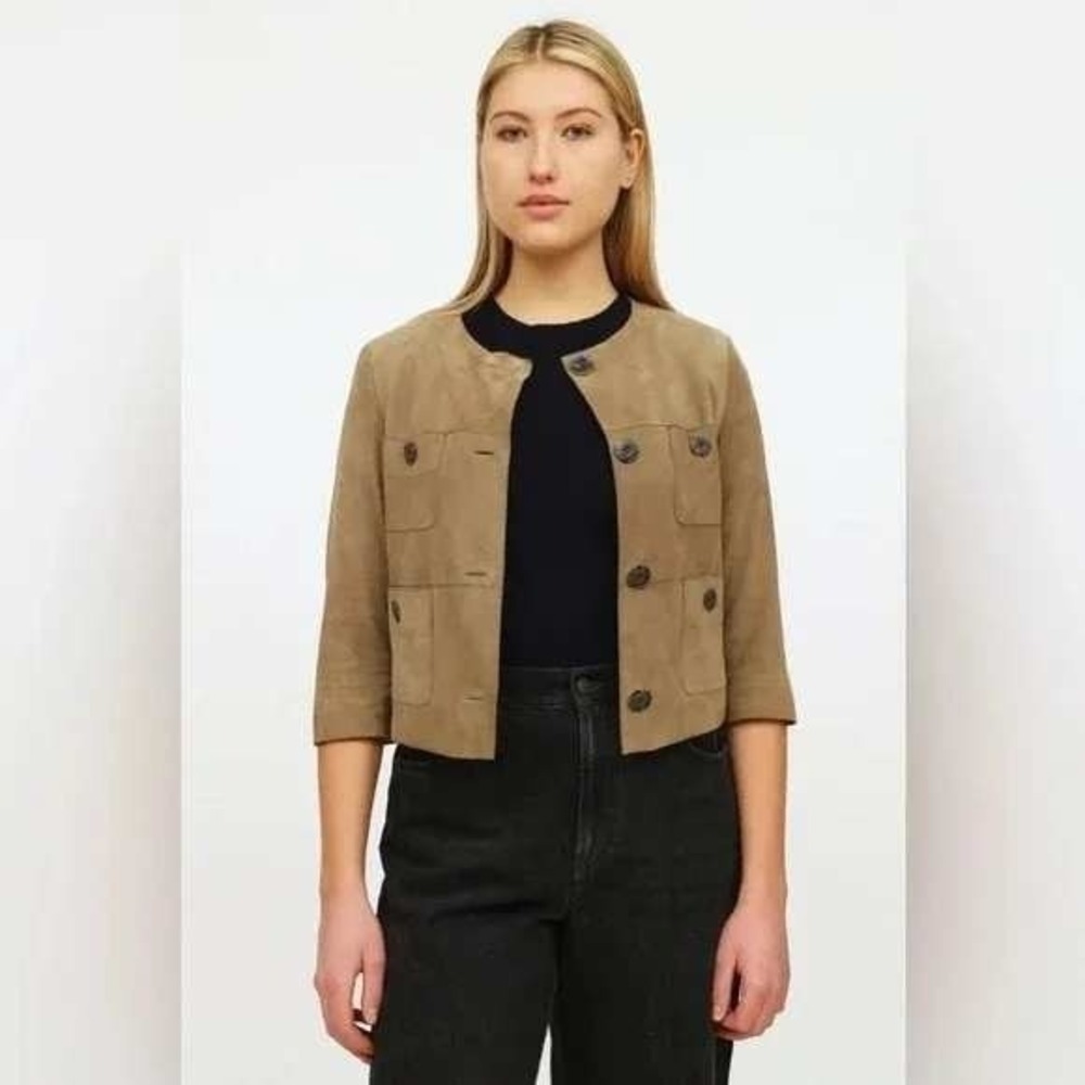 ST JOHN Suede Lambskin Leather Blazer Jacket Taupe Button Front‎ Cropped 4